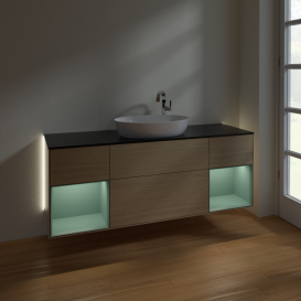 Тумба под раковину Villeroy & Boch Finion 160х50,1 см с подсветкой МДФ шпон дуба/стекло черное матовое G982GMPC