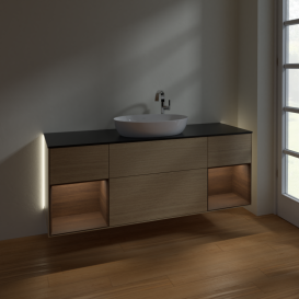Тумба под раковину Villeroy & Boch Finion 160х50,1 см с подсветкой МДФ шпон дуба/стекло черное матовое G982GNPC