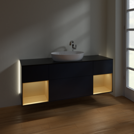 Тумба под раковину Villeroy & Boch Finion 160х50,1 см с подсветкой МДФ темно-синий матовый лак/стекло черное матовое G982HFHG