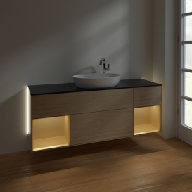 Тумба под раковину Villeroy & Boch Finion 160х50,1 см с подсветкой МДФ шпон дуба/стекло черное матовое G982HFPC