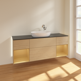 Тумба под раковину Villeroy & Boch Finion 160х50,1 см с подсветкой МДФ шпон дуба/стекло черное матовое G982HFPC