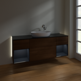 Тумба под раковину Villeroy & Boch Finion 160х50,1 см с подсветкой МДФ шпон грецкого ореха/стекло черное матовое G982HGGN