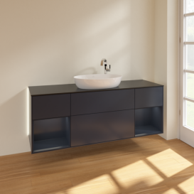 Тумба под раковину Villeroy & Boch Finion 160х50,1 см с подсветкой МДФ темно-синий матовый лак/стекло черное матовое G982HGHG