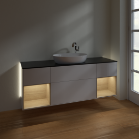 Тумба под раковину Villeroy & Boch Finion 160х50,1 см с подсветкой МДФ глянцевый белый лак/стекло черное матовое G982PCGF