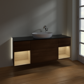 Тумба под раковину Villeroy & Boch Finion 160х50,1 см с подсветкой МДФ шпон грецкого ореха/стекло черное матовое G982PCGN