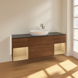 Тумба под раковину Villeroy & Boch Finion 160х50,1 см с подсветкой МДФ шпон грецкого ореха/стекло черное матовое G982PCGN
