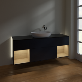 Тумба под раковину Villeroy & Boch Finion 160х50,1 см с подсветкой МДФ темно-синий матовый лак/стекло черное матовое G982PCHG
