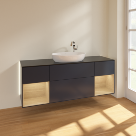 Тумба под раковину Villeroy & Boch Finion 160х50,1 см с подсветкой МДФ темно-синий матовый лак/стекло черное матовое G982PCHG