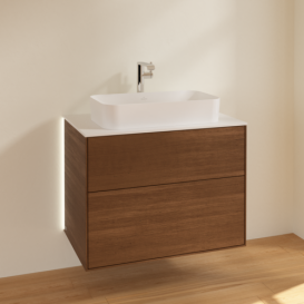 Тумба под раковину Villeroy & Boch Finion 80х50,1 см с подсветкой МДФ шпон грецкого ореха/стекло белое матовое G22100GN