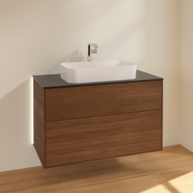 Тумба под раковину Villeroy & Boch Finion 100х50,1 см с подсветкой МДФ шпон грецкого ореха/стекло черное матовое G23200GN