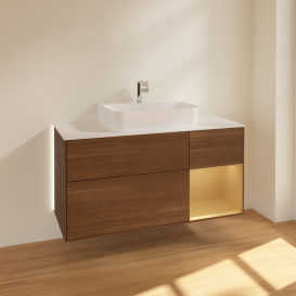 Тумба под раковину Villeroy & Boch Finion 120х50,1 см с подсветкой МДФ шпон грецкого ореха/стекло белое матовое G171HFGN