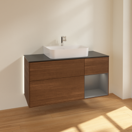 Тумба под раковину Villeroy & Boch Finion 120х50,1 см с подсветкой МДФ шпон грецкого ореха/стекло черное матовое G172GKGN