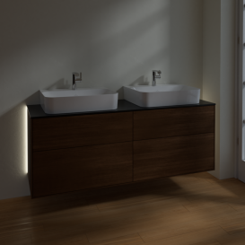 Тумба под раковину Villeroy & Boch Finion 160х50,1 см с подсветкой МДФ шпон грецкого ореха/стекло черное матовое G18200GN