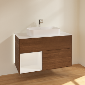 Тумба под раковину Villeroy & Boch Finion 100х50,1 см с подсветкой МДФ шпон грецкого ореха/стекло белое матовое G241GFGN