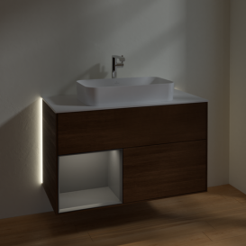 Тумба под раковину Villeroy & Boch Finion 100х50,1 см с подсветкой МДФ шпон грецкого ореха/стекло белое матовое G241GKGN