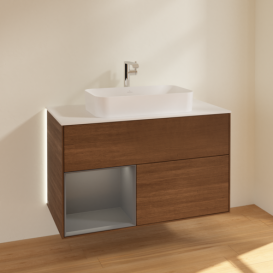 Тумба под раковину Villeroy & Boch Finion 100х50,1 см с подсветкой МДФ шпон грецкого ореха/стекло белое матовое G241GKGN