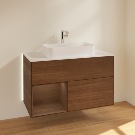 Тумба под раковину Villeroy & Boch Finion 100х50,1 см с подсветкой МДФ шпон грецкого ореха/стекло белое матовое G241GNGN