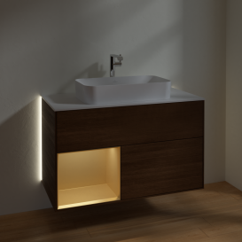 Тумба под раковину Villeroy & Boch Finion 100х50,1 см с подсветкой МДФ шпон грецкого ореха/стекло белое матовое G241HFGN