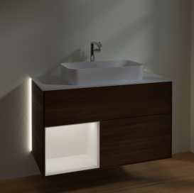 Тумба под раковину Villeroy & Boch Finion 100х50,1 см с подсветкой МДФ шпон грецкого ореха/стекло белое матовое G241MTGN