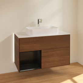 Тумба под раковину Villeroy & Boch Finion 100х50,1 см с подсветкой МДФ шпон грецкого ореха/стекло белое матовое G241PDGN