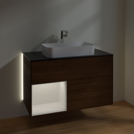 Тумба под раковину Villeroy & Boch Finion 100х50,1 см с подсветкой МДФ шпон грецкого ореха/стекло черное матовое G242GFGN