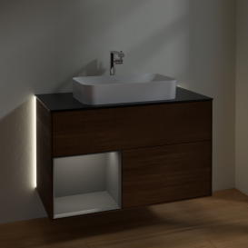 Тумба под раковину Villeroy & Boch Finion 100х50,1 см с подсветкой МДФ шпон грецкого ореха/стекло черное матовое G242GKGN