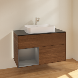 Тумба под раковину Villeroy & Boch Finion 100х50,1 см с подсветкой МДФ шпон грецкого ореха/стекло черное матовое G242GKGN