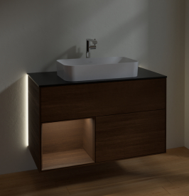 Тумба под раковину Villeroy & Boch Finion 100х50,1 см с подсветкой МДФ шпон грецкого ореха/стекло черное матовое G242GNGN