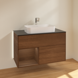 Тумба под раковину Villeroy & Boch Finion 100х50,1 см с подсветкой МДФ шпон грецкого ореха/стекло черное матовое G242GNGN