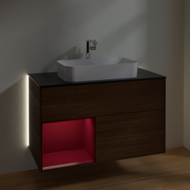 Тумба под раковину Villeroy & Boch Finion 100х50,1 см с подсветкой МДФ шпон грецкого ореха/стекло черное матовое  G242HBGN