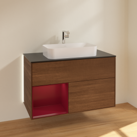 Тумба под раковину Villeroy & Boch Finion 100х50,1 см с подсветкой МДФ шпон грецкого ореха/стекло черное матовое  G242HBGN