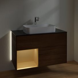 Тумба под раковину Villeroy & Boch Finion 100х50,1 см с подсветкой МДФ шпон грецкого ореха/стекло черное матовое G242HFGN