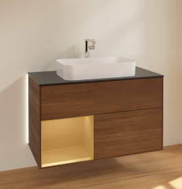 Тумба под раковину Villeroy & Boch Finion 100х50,1 см с подсветкой МДФ шпон грецкого ореха/стекло черное матовое G242HFGN