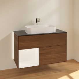 Тумба под раковину Villeroy & Boch Finion 100х50,1 см с подсветкой МДФ шпон грецкого ореха/стекло черное матовое G242MTGN