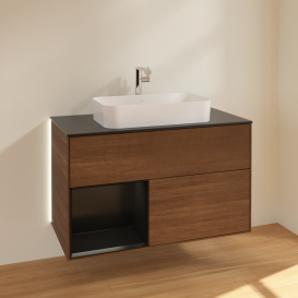 Тумба под раковину Villeroy & Boch Finion 100х50,1 см с подсветкой МДФ шпон грецкого ореха/стекло черное матовое G242PDGN