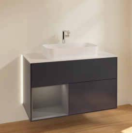 Тумба под раковину Villeroy & Boch Finion 100х50,1 см с подсветкой МДФ темно-синий матовый лак/стекло белое матовое G241GKHG