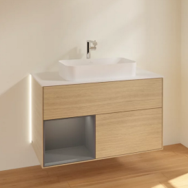 Тумба под раковину Villeroy & Boch Finion 100х50,1 см с подсветкой МДФ шпон дуба/стекло белое матовое G241GKPC