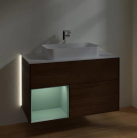 Тумба под раковину Villeroy & Boch Finion 100х50,1 см с подсветкой МДФ шпон грецкого ореха/стекло белое матовое G241GMGN