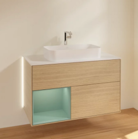 Тумба под раковину Villeroy & Boch Finion 100х50,1 см с подсветкой МДФ шпон дуба/стекло белое матовое G241GMPC