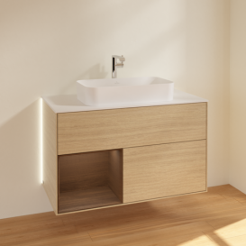 Тумба под раковину Villeroy & Boch Finion 100х50,1 см с подсветкой МДФ шпон дуба/стекло белое матовое G241GNPC