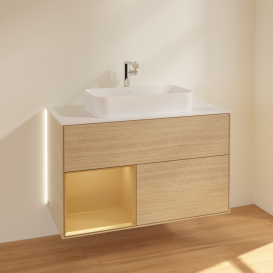 Тумба под раковину Villeroy & Boch Finion 100х50,1 см с подсветкой МДФ шпон дуба/стекло белое матовое G241HFPC