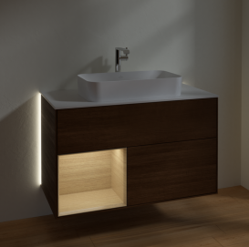 Тумба под раковину Villeroy & Boch Finion 100х50,1 см с подсветкой МДФ шпон грецкого ореха/стекло белое матовое G241PCGN