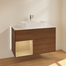 Тумба под раковину Villeroy & Boch Finion 100х50,1 см с подсветкой МДФ шпон грецкого ореха/стекло белое матовое G241PCGN