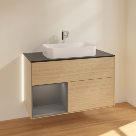 Тумба под раковину Villeroy & Boch Finion 100х50,1 см с подсветкой МДФ шпон дуба/стекло черное матовое G242GKPC