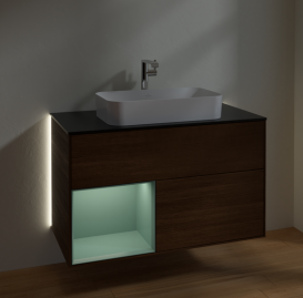 Тумба под раковину Villeroy & Boch Finion 100х50,1 см с подсветкой МДФ шпон грецкого ореха/стекло черное матовое G242GMGN