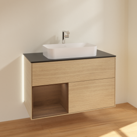 Тумба под раковину Villeroy & Boch Finion 100х50,1 см с подсветкой МДФ шпон дуба/стекло черное матовое G242GNPC