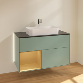 Тумба под раковину Villeroy & Boch Finion 100х50,1 см с подсветкой МДФ оливковый матовый лак/стекло черное матовое G242HFGM