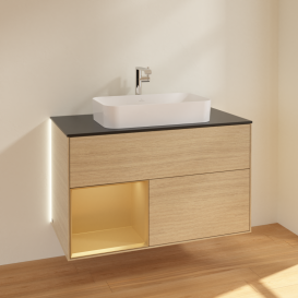 Тумба под раковину Villeroy & Boch Finion 100х50,1 см с подсветкой МДФ шпон дуба/стекло черное матовое G242HFPC