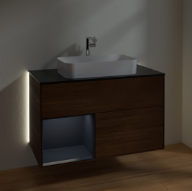 Тумба под раковину Villeroy & Boch Finion 100х50,1 см с подсветкой МДФ шпон грецкого ореха/стекло черное матовое G242HGGN