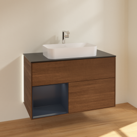 Тумба под раковину Villeroy & Boch Finion 100х50,1 см с подсветкой МДФ шпон грецкого ореха/стекло черное матовое G242HGGN